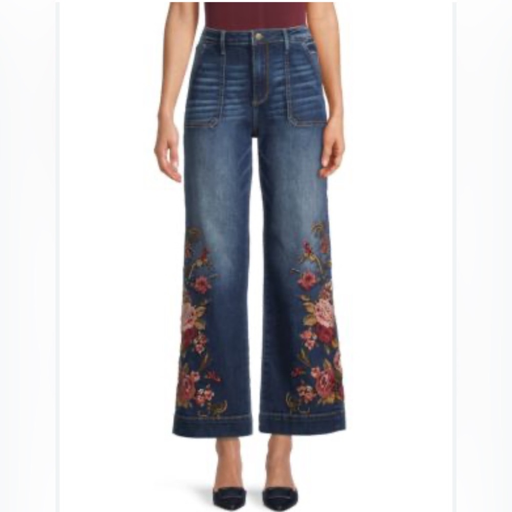 DRIFTWOOD Blue Floral Embroidered Flare Jeans